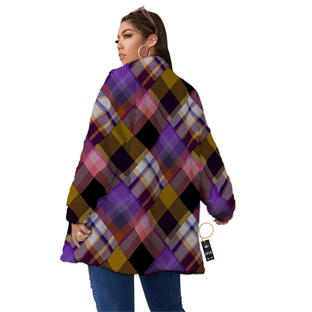 Diagonal Madras Tartan Plaid Print Pattern Women's Sherpa Jacket-grizzshop