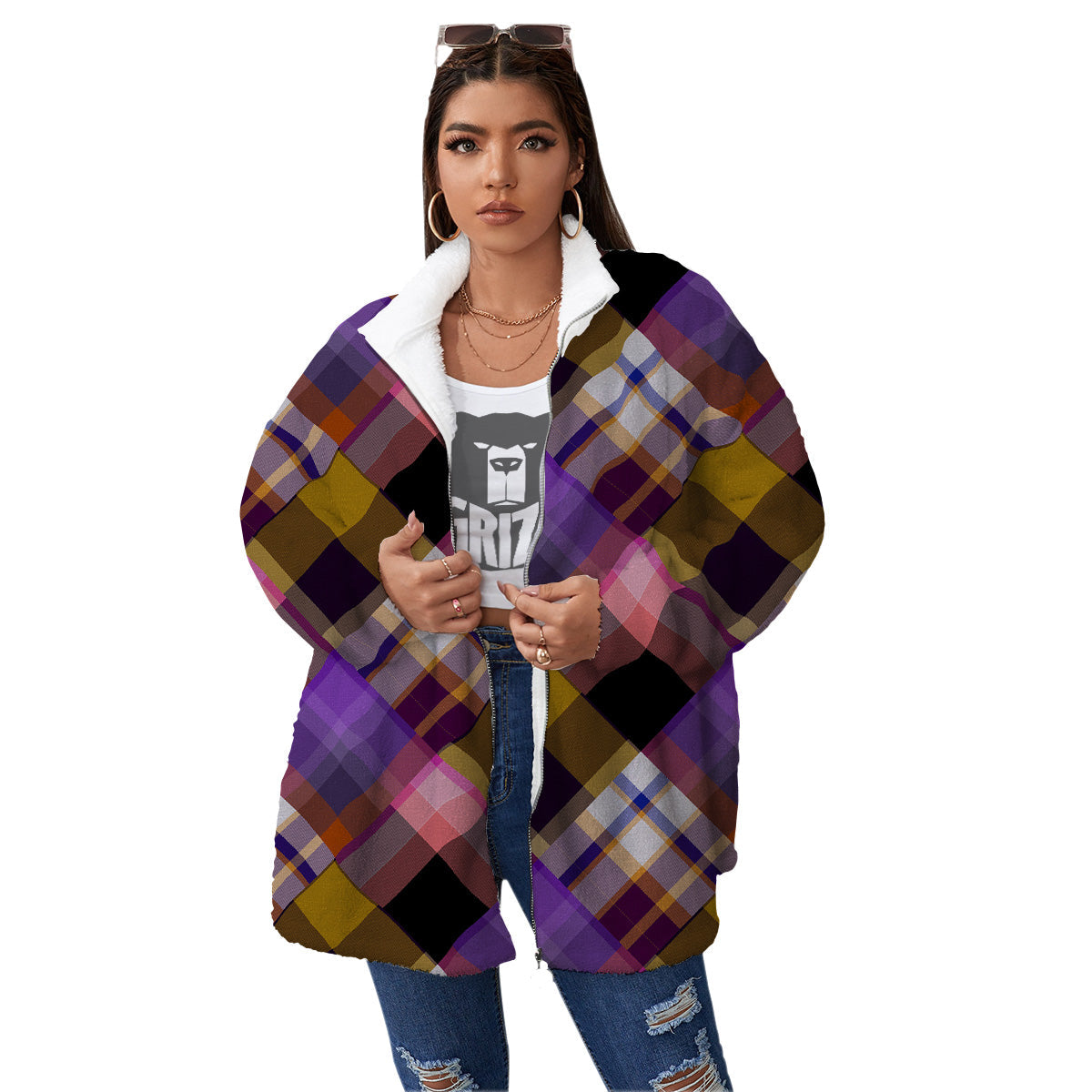 Diagonal Madras Tartan Plaid Print Pattern Women's Sherpa Jacket-grizzshop