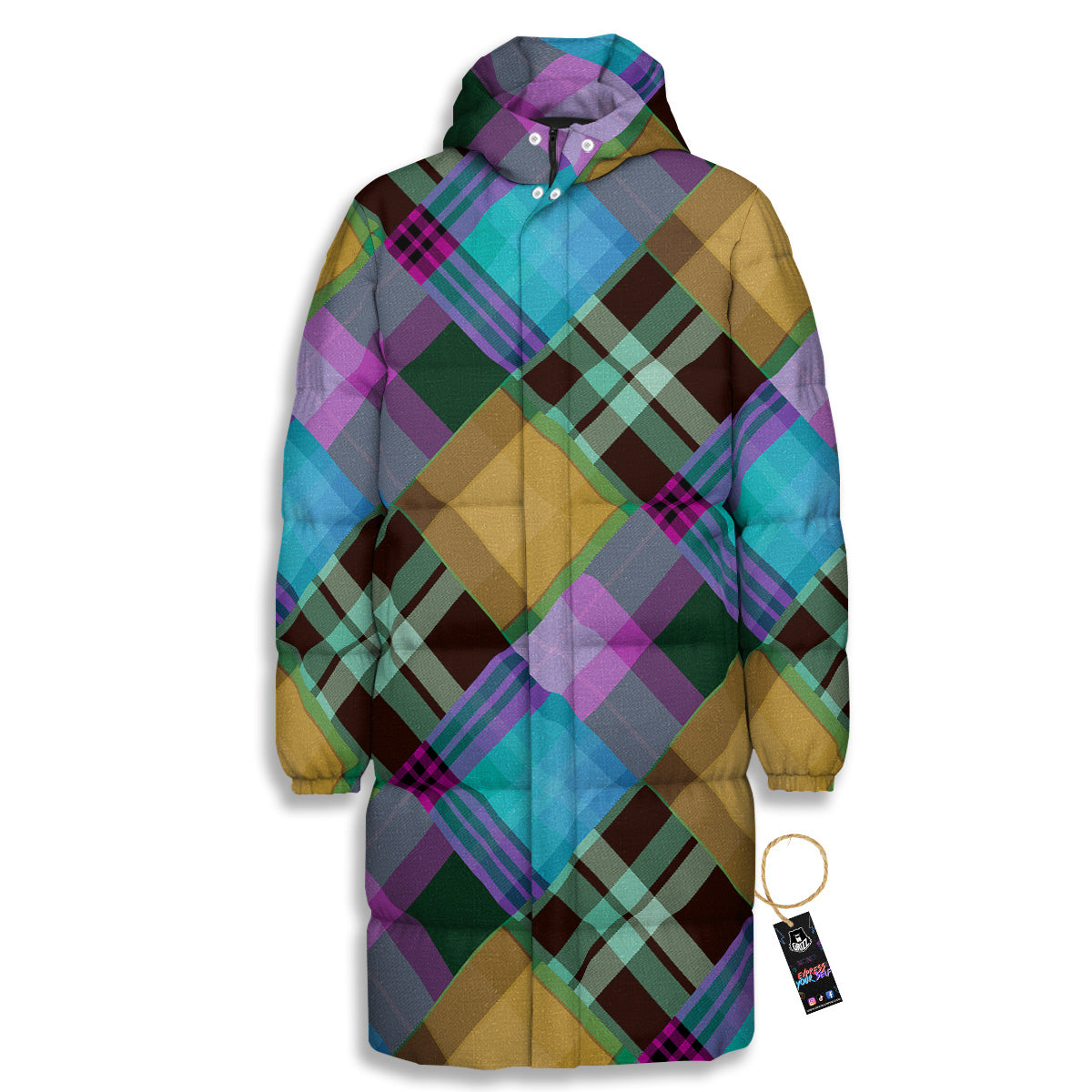 Diagonal Madras Blue Tartan Plaid Print Pattern Long Down Jacket