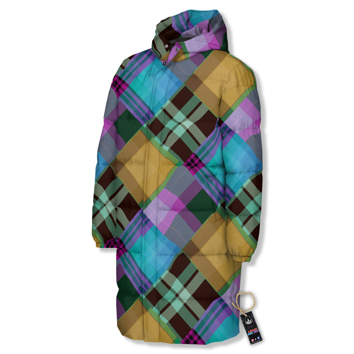 Diagonal Madras Blue Tartan Plaid Print Pattern Long Down Jacket