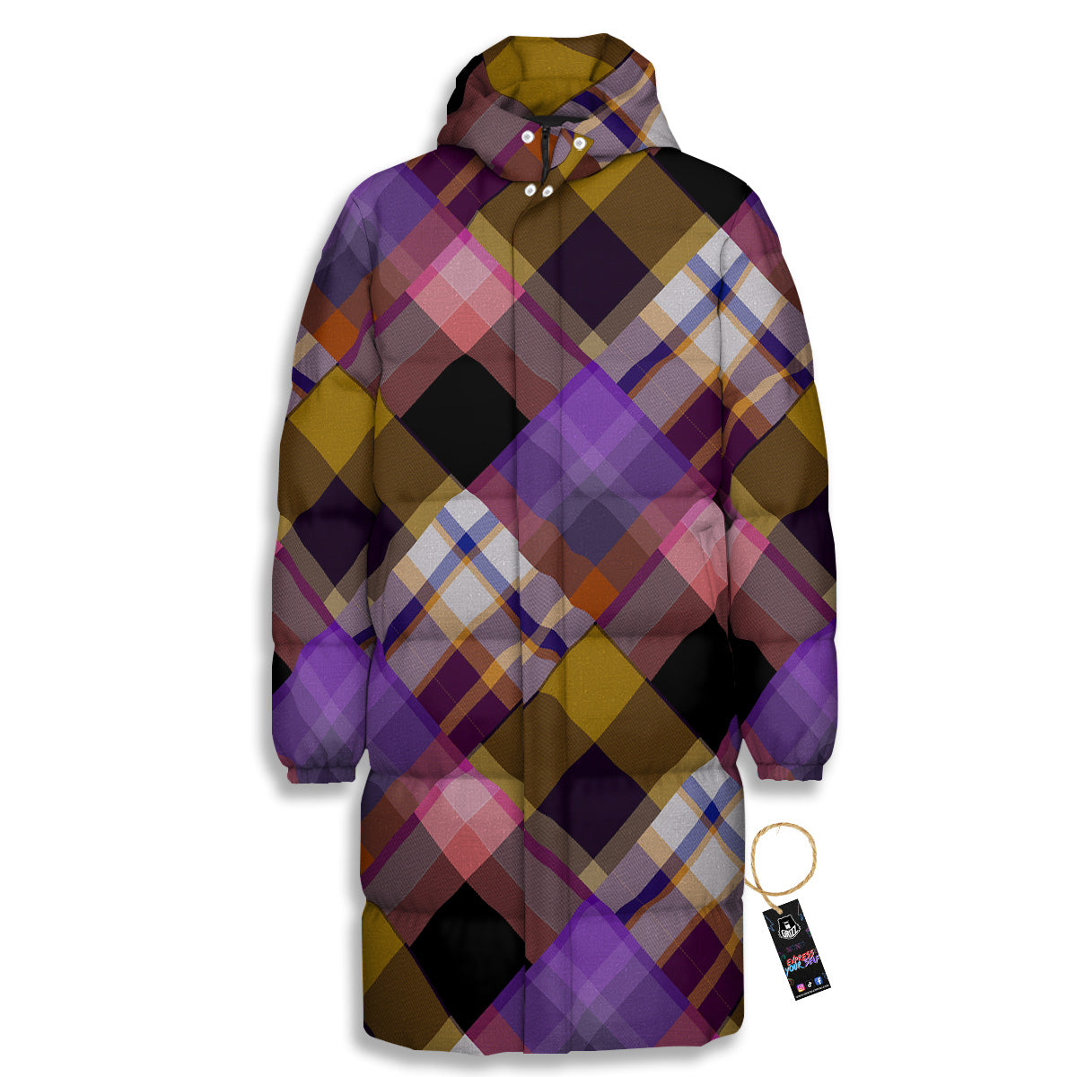 Diagonal Madras Tartan Plaid Print Pattern Long Down Jacket