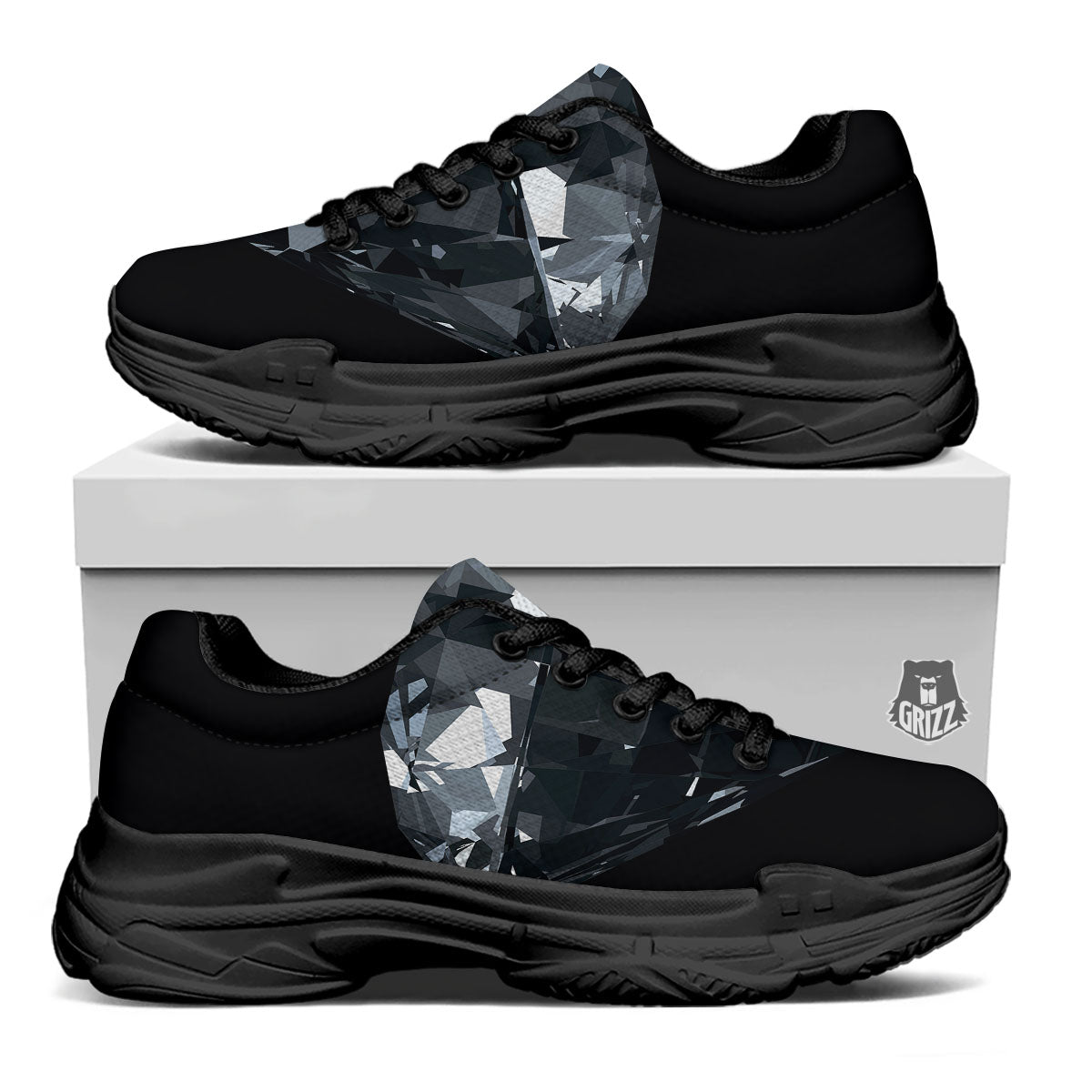 Diamond Black Print Black Chunky Shoes-grizzshop