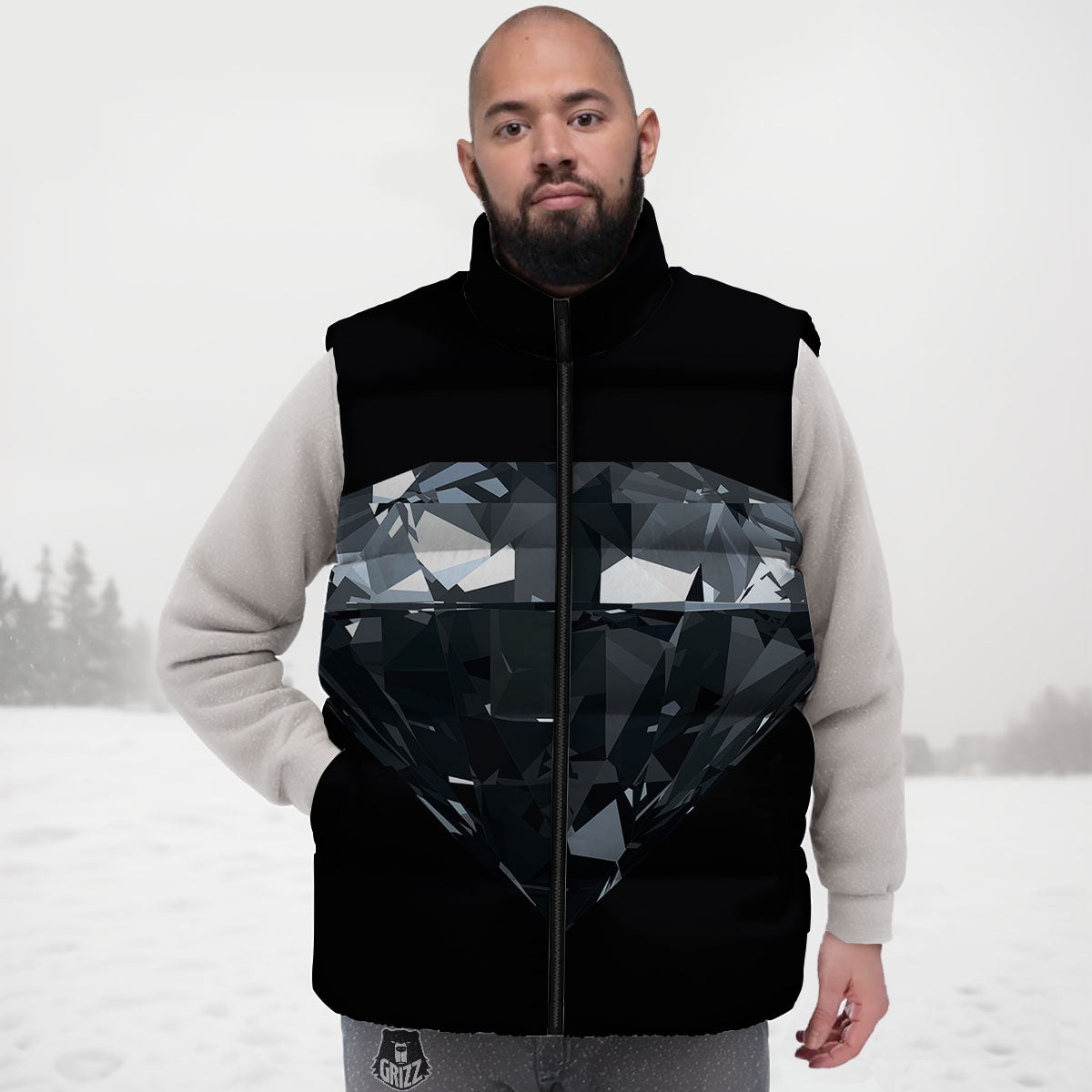 Diamond Black Print Down Vest-grizzshop
