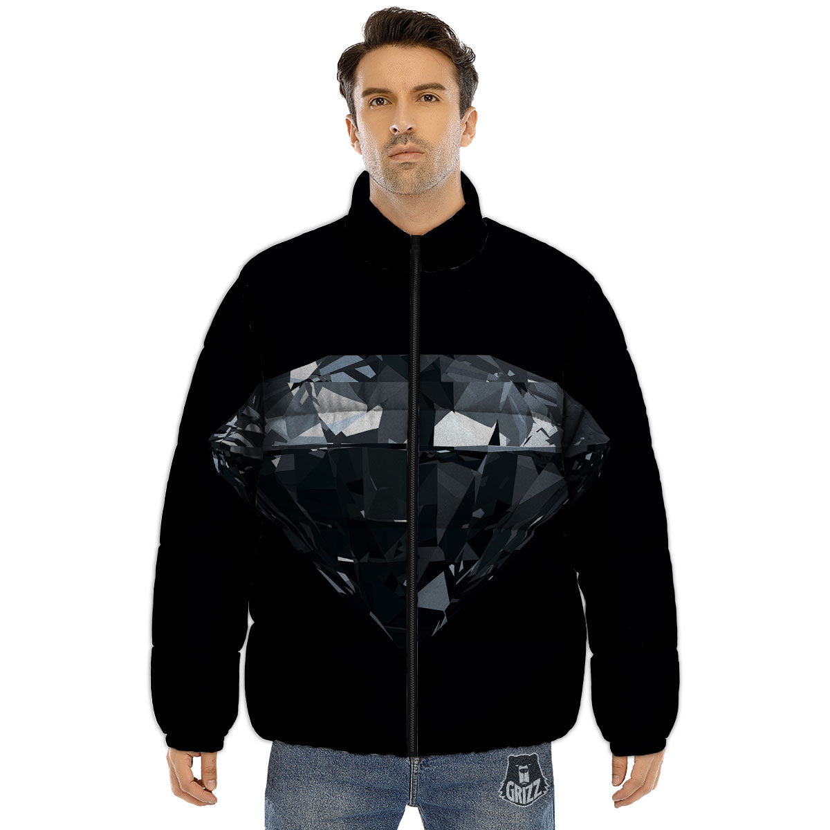 Diamond Black Print Puffer Jacket-grizzshop