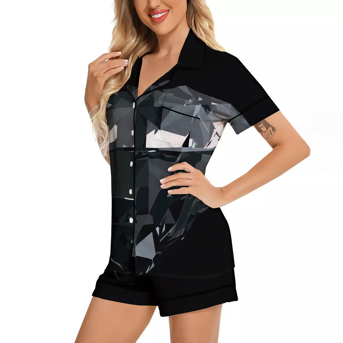 Diamond Black Print Women Silk Pajamas-grizzshop