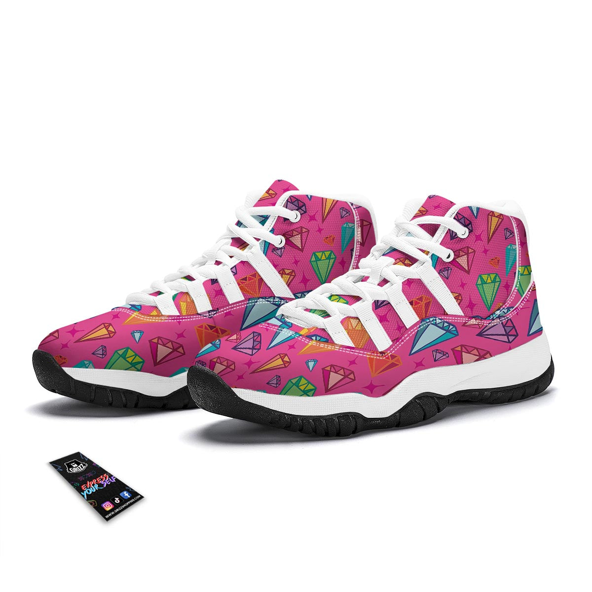 Diamond Colorful Pattern Print White Bball Shoes-grizzshop