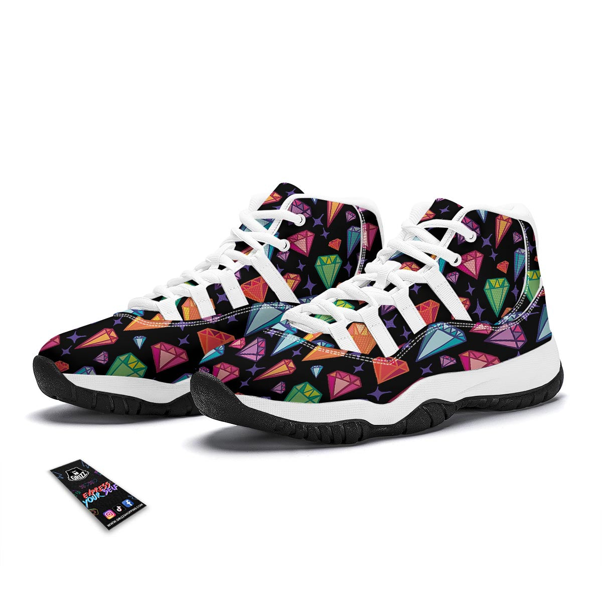 Diamond Colorful Print Pattern White Bball Shoes-grizzshop