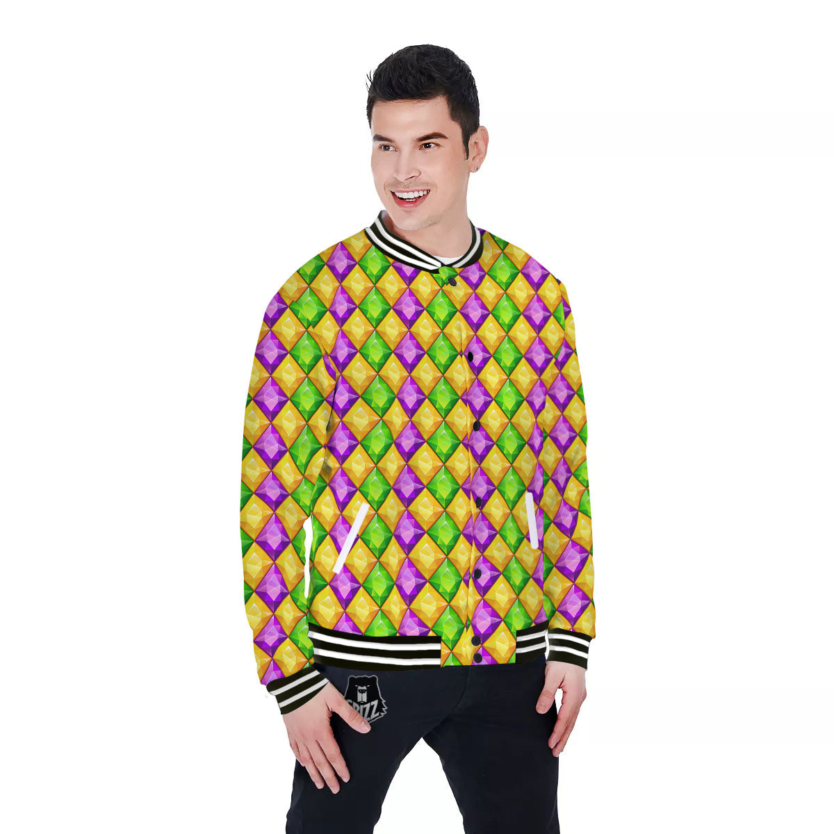 Diamond Mardi Gras Print Pattern Baseball Jacket-grizzshop