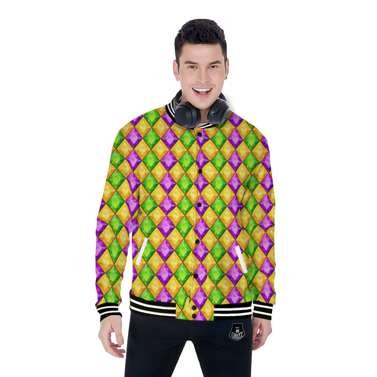 Diamond Mardi Gras Print Pattern Baseball Jacket-grizzshop