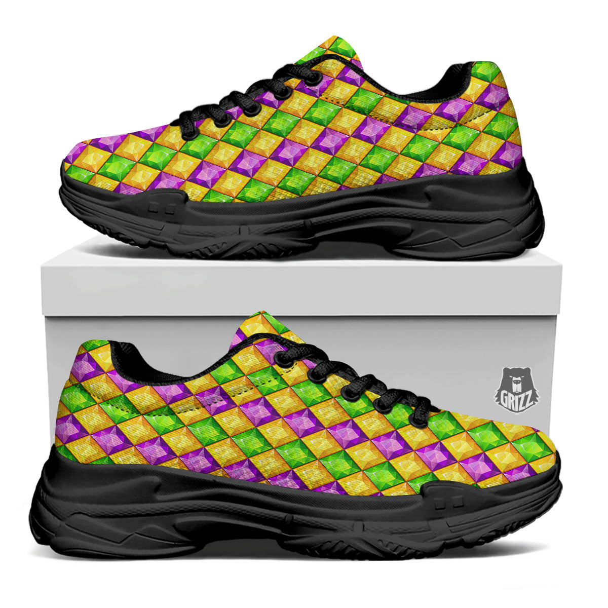 Diamond Mardi Gras Print Pattern Black Chunky Shoes-grizzshop