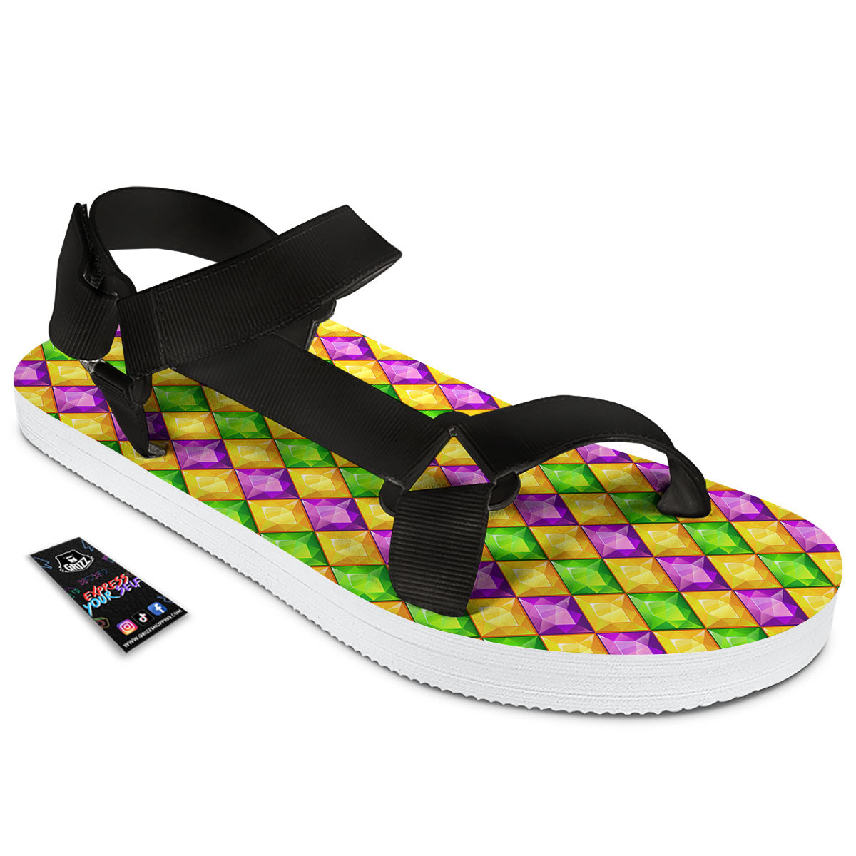 Diamond Mardi Gras Print Pattern Black Open Toe Sandals-grizzshop