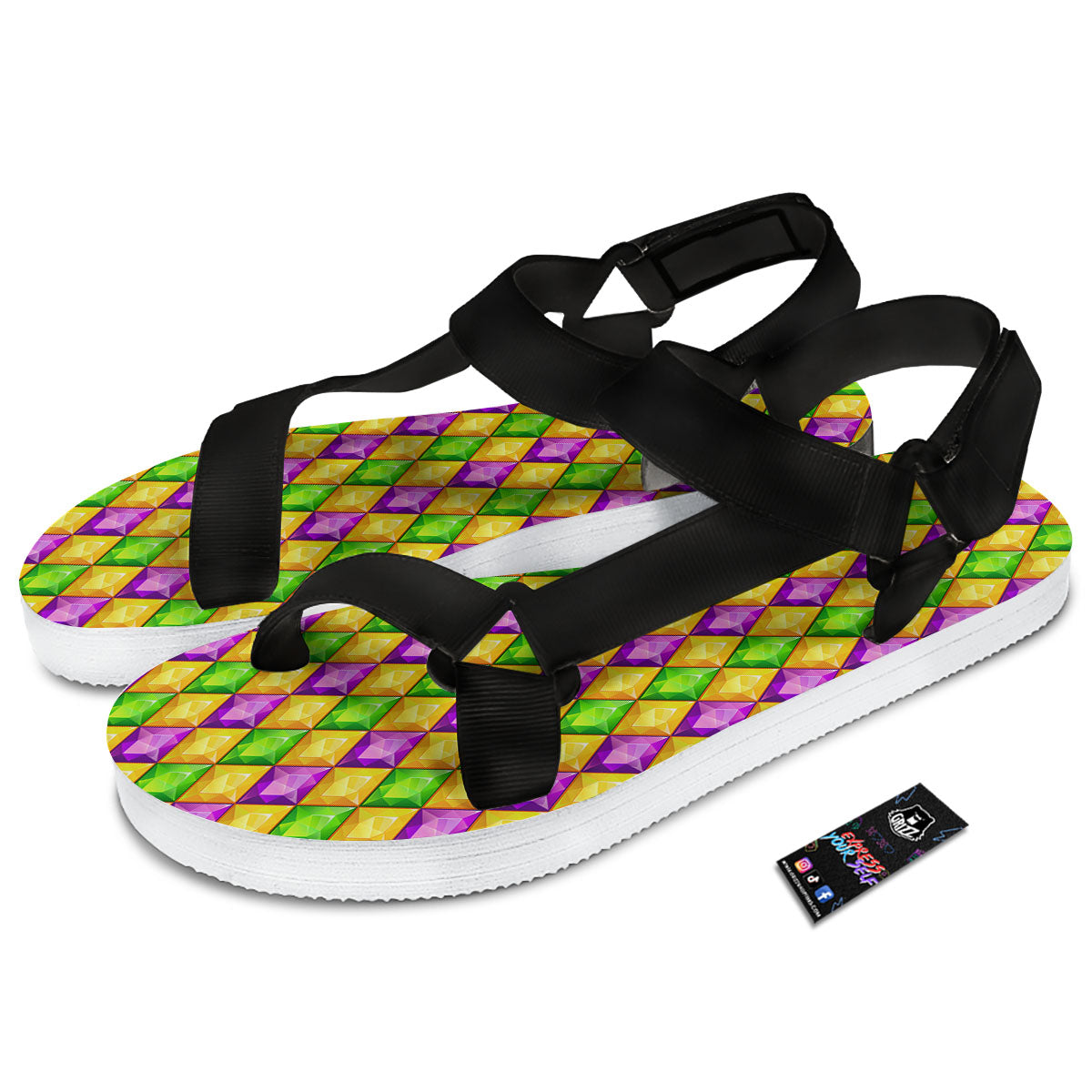 Diamond Mardi Gras Print Pattern Black Open Toe Sandals-grizzshop