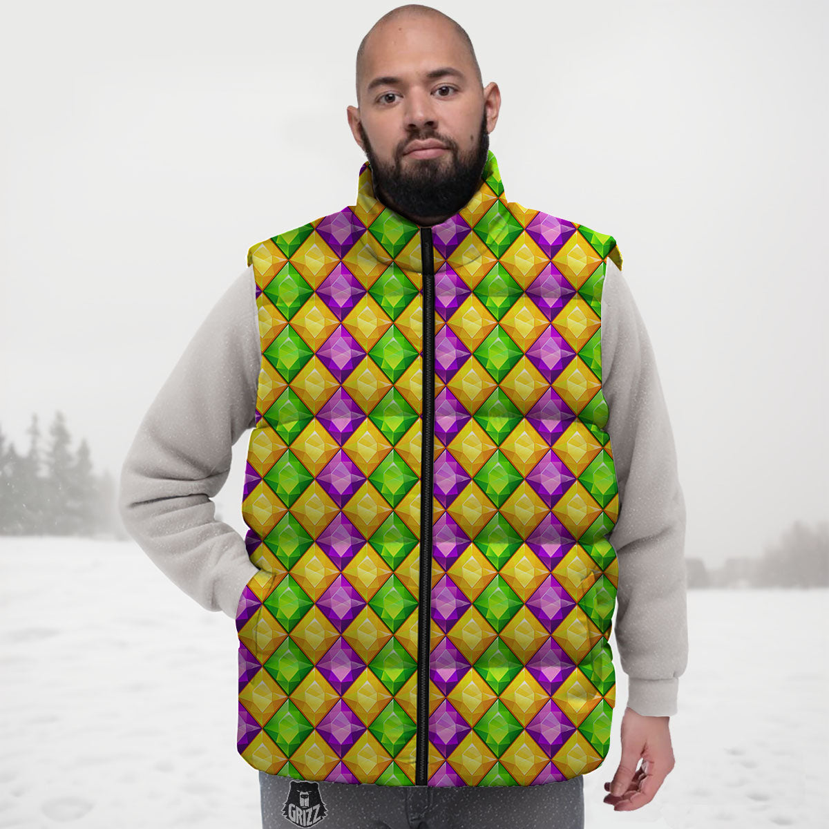 Diamond Mardi Gras Print Pattern Down Vest