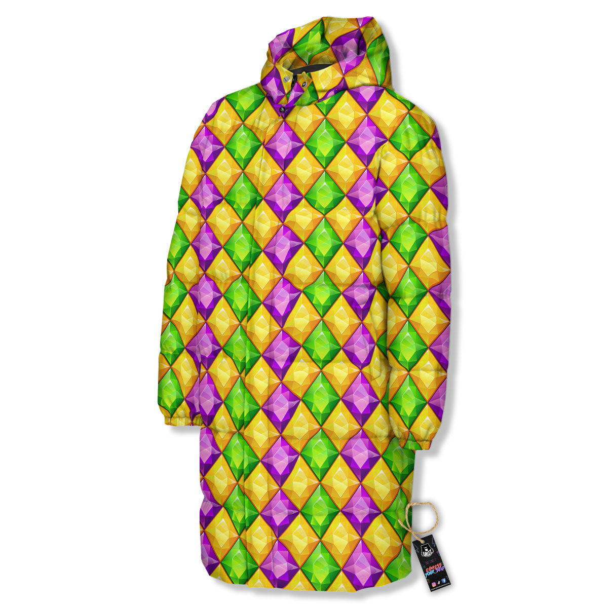 Diamond Mardi Gras Print Pattern Long Down Jacket-grizzshop