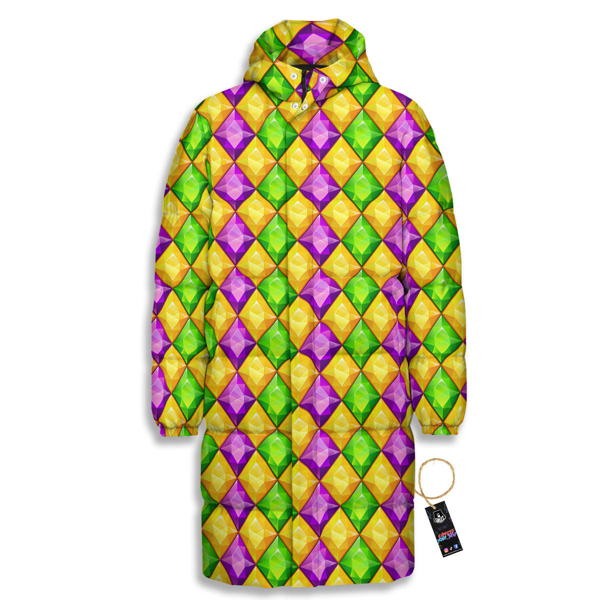 Diamond Mardi Gras Print Pattern Long Down Jacket-grizzshop