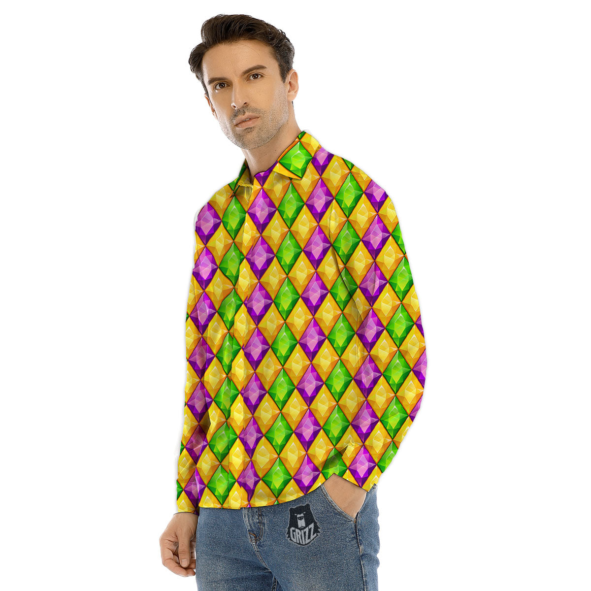 Diamond Mardi Gras Print Pattern Men's Dress Shirts-grizzshop
