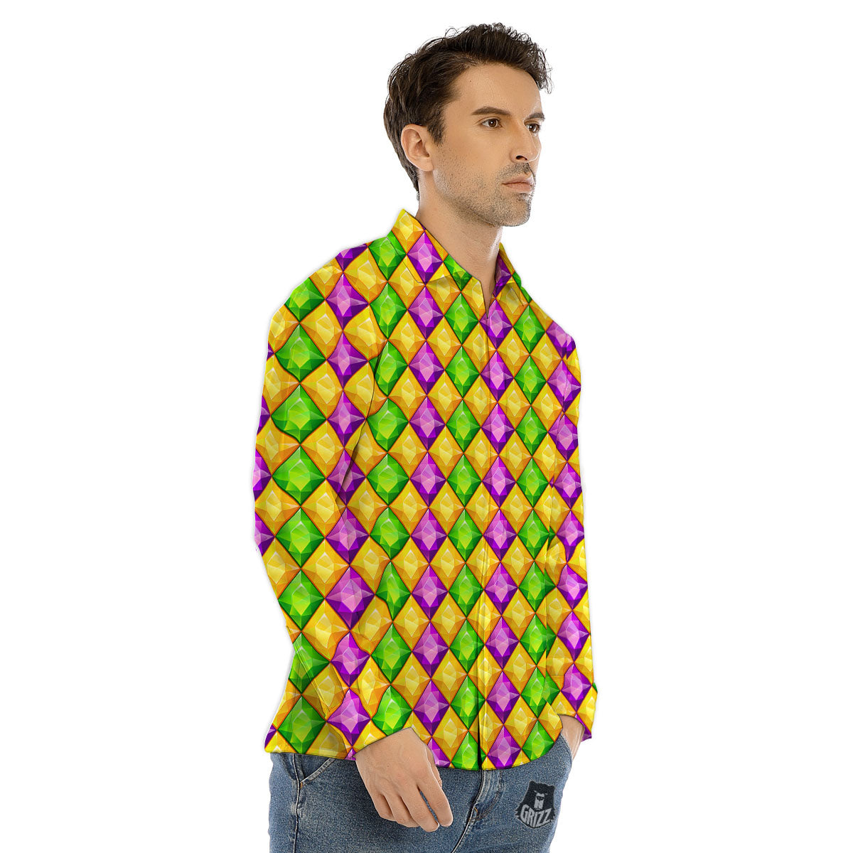 Diamond Mardi Gras Print Pattern Men's Dress Shirts-grizzshop