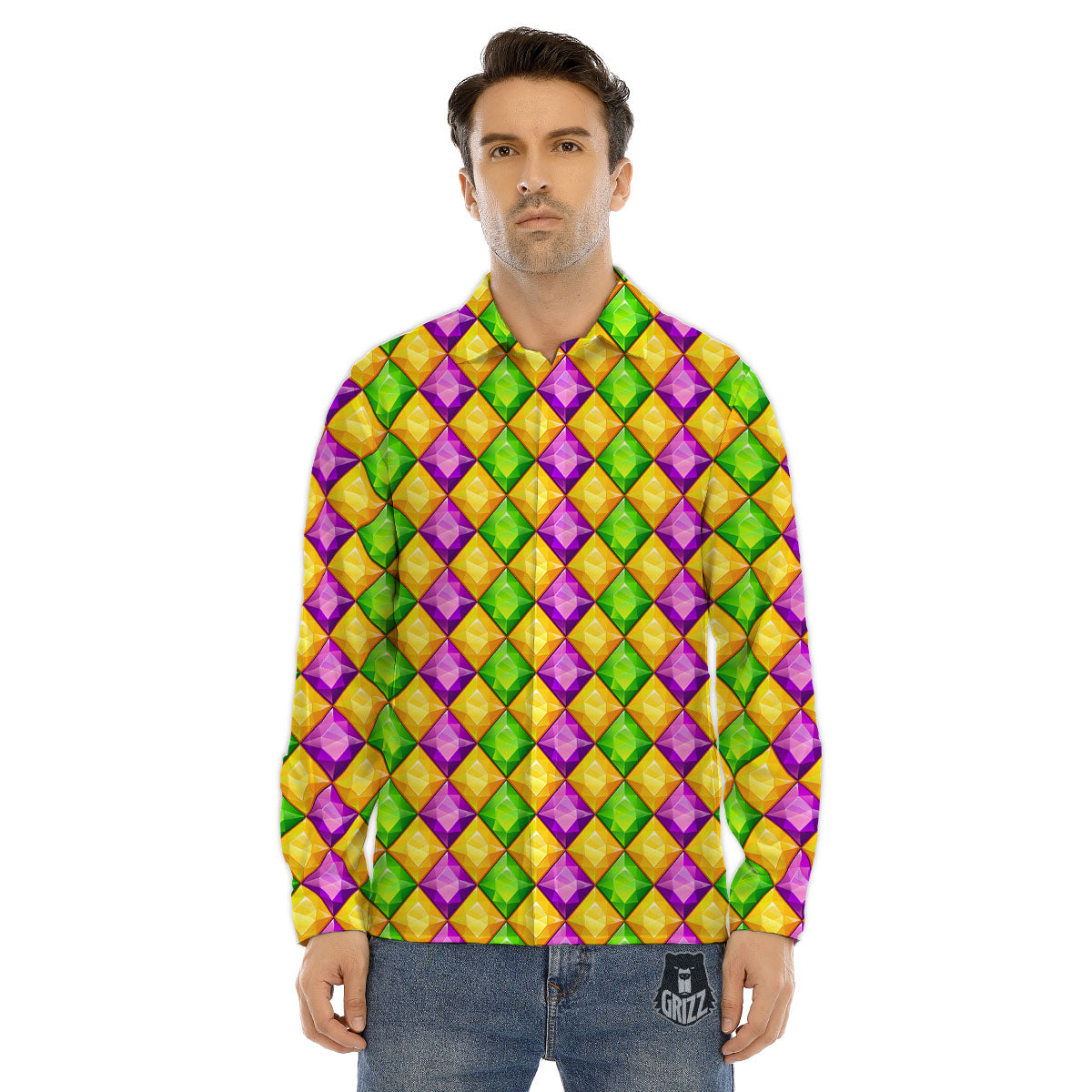 Diamond Mardi Gras Print Pattern Men's Dress Shirts-grizzshop