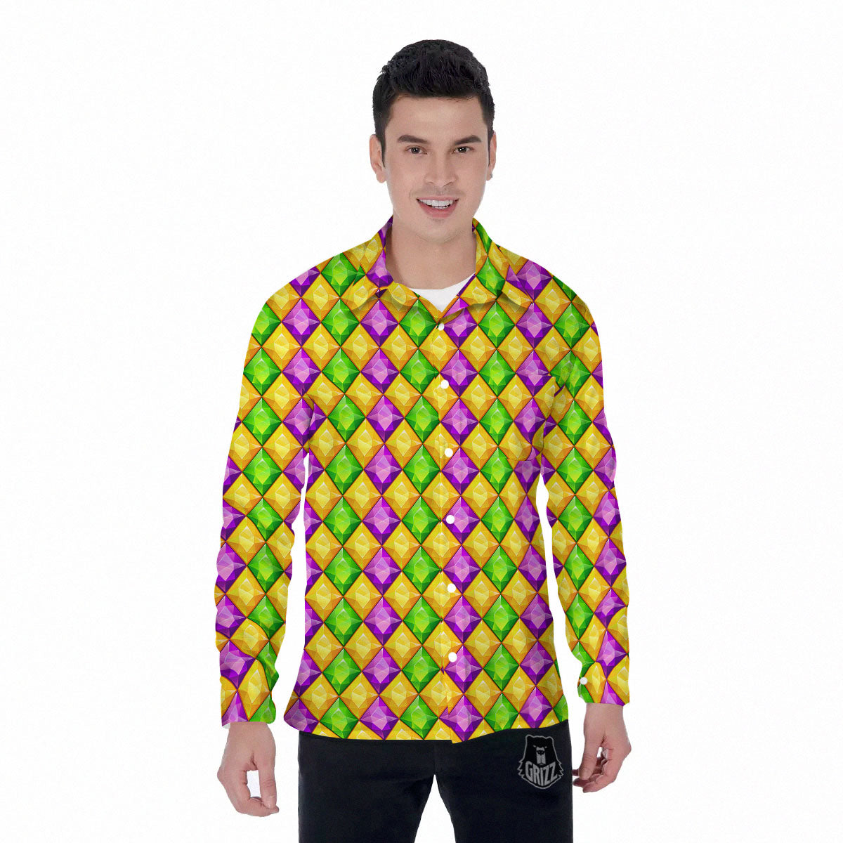 Diamond Mardi Gras Print Pattern Men's Long Sleeve Shirts-grizzshop