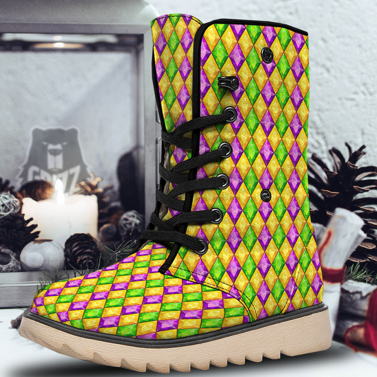 Diamond Mardi Gras Print Pattern Snow Boots-grizzshop