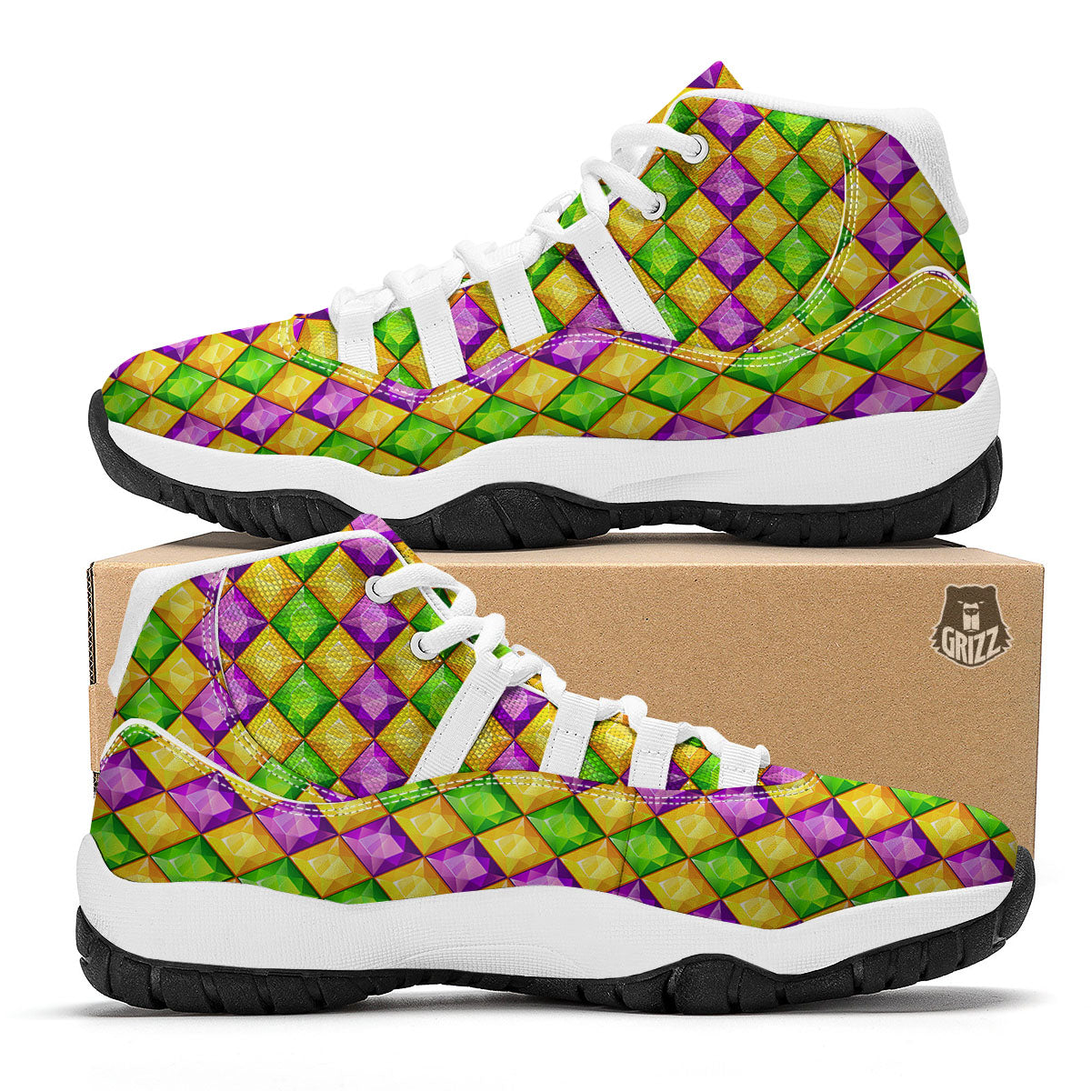 Diamond Mardi Gras Print Pattern White Bball Shoes-grizzshop