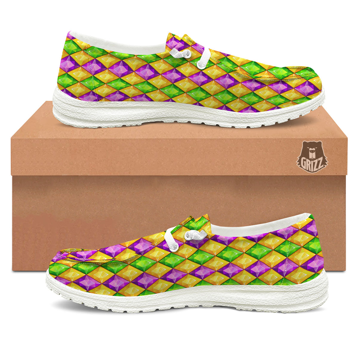 Diamond Mardi Gras Print Pattern White Loafers-grizzshop
