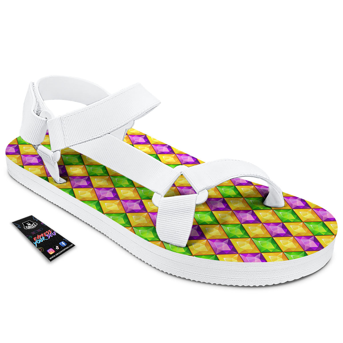 Diamond Mardi Gras Print Pattern White Open Toe Sandals-grizzshop