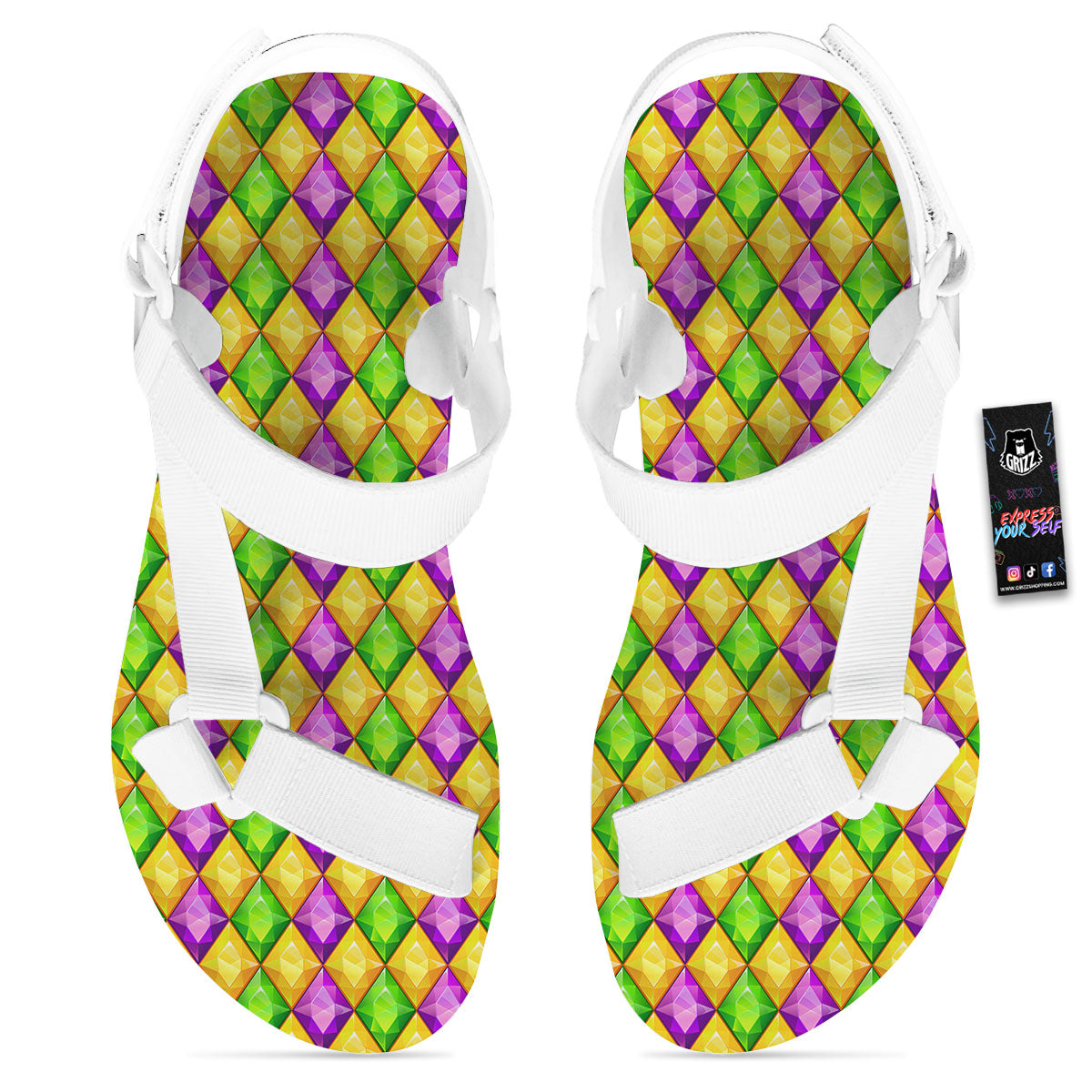 Diamond Mardi Gras Print Pattern White Open Toe Sandals-grizzshop
