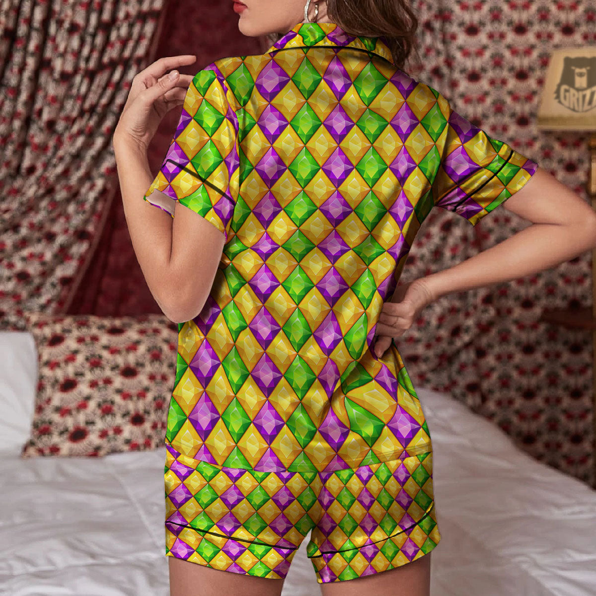 Diamond Mardi Gras Print Pattern Women Silk Pajamas-grizzshop