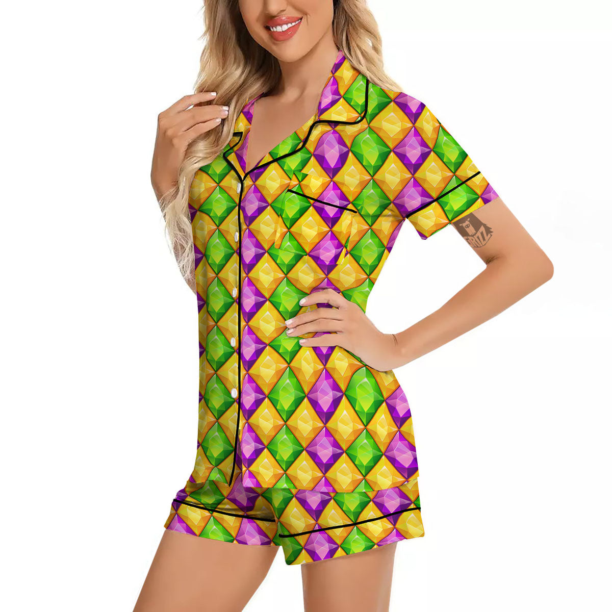 Diamond Mardi Gras Print Pattern Women Silk Pajamas-grizzshop