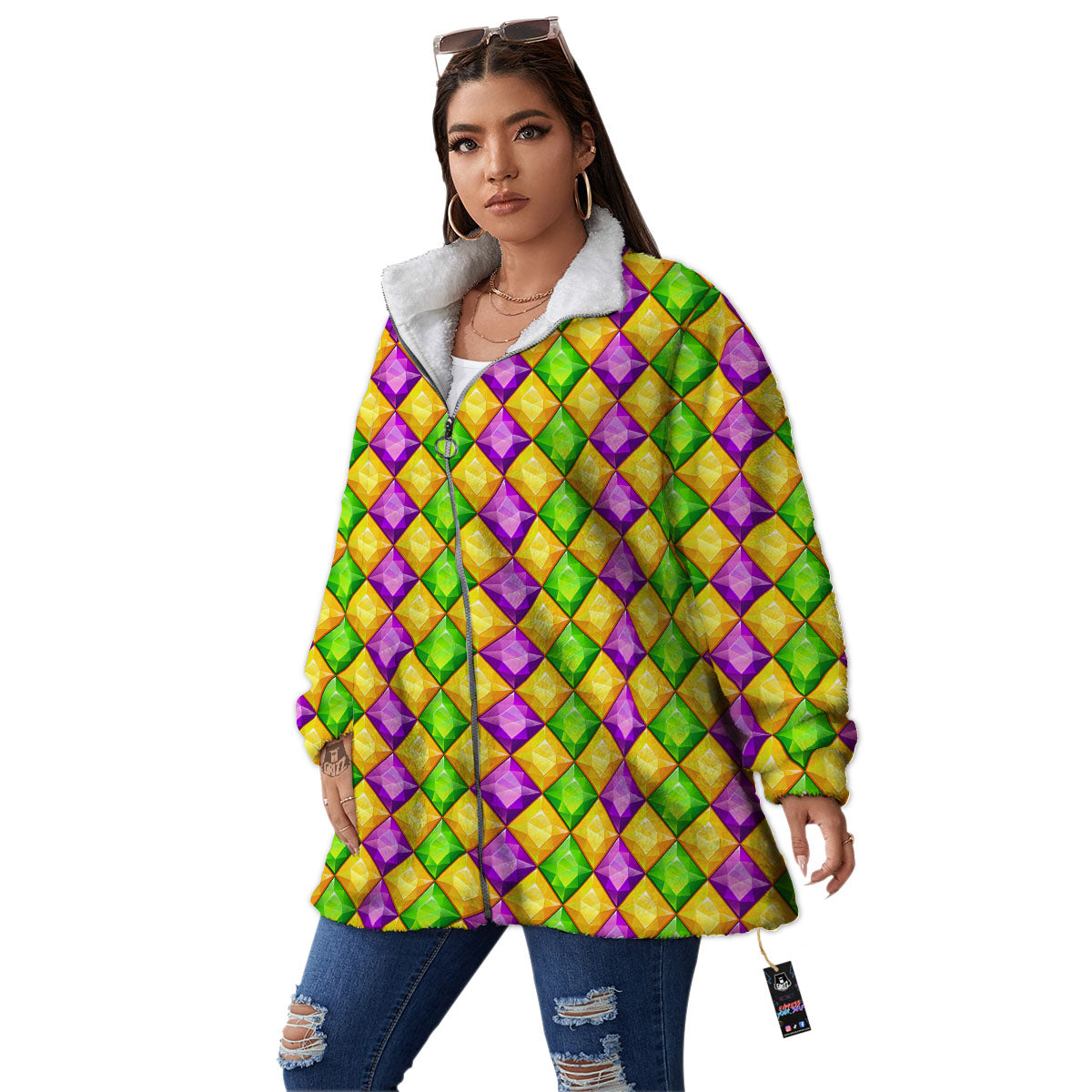 Diamond Mardi Gras Print Pattern Women's Sherpa Jacket-grizzshop