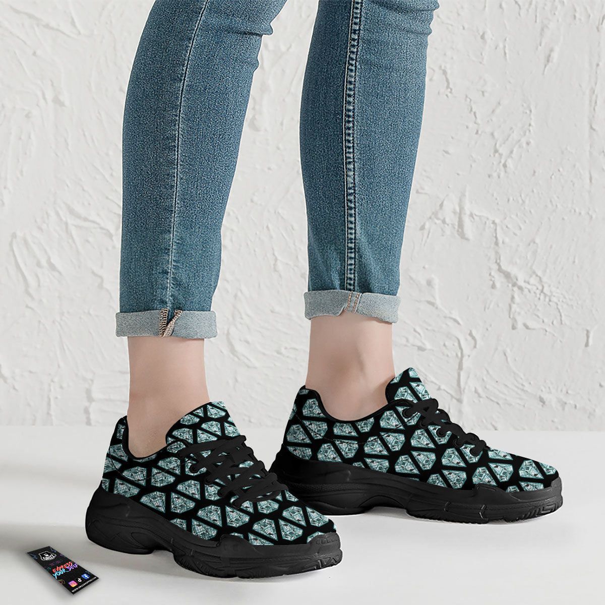 Diamond Print Pattern Black Chunky Shoes-grizzshop