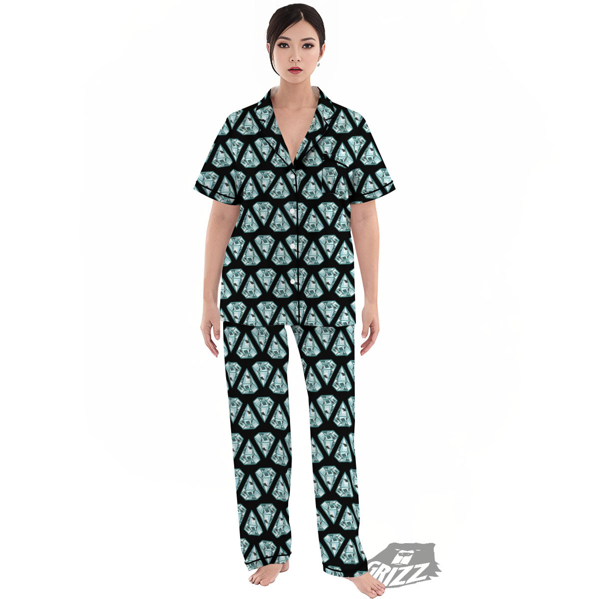 Diamond Print Pattern Women's Pajamas Set-grizzshop