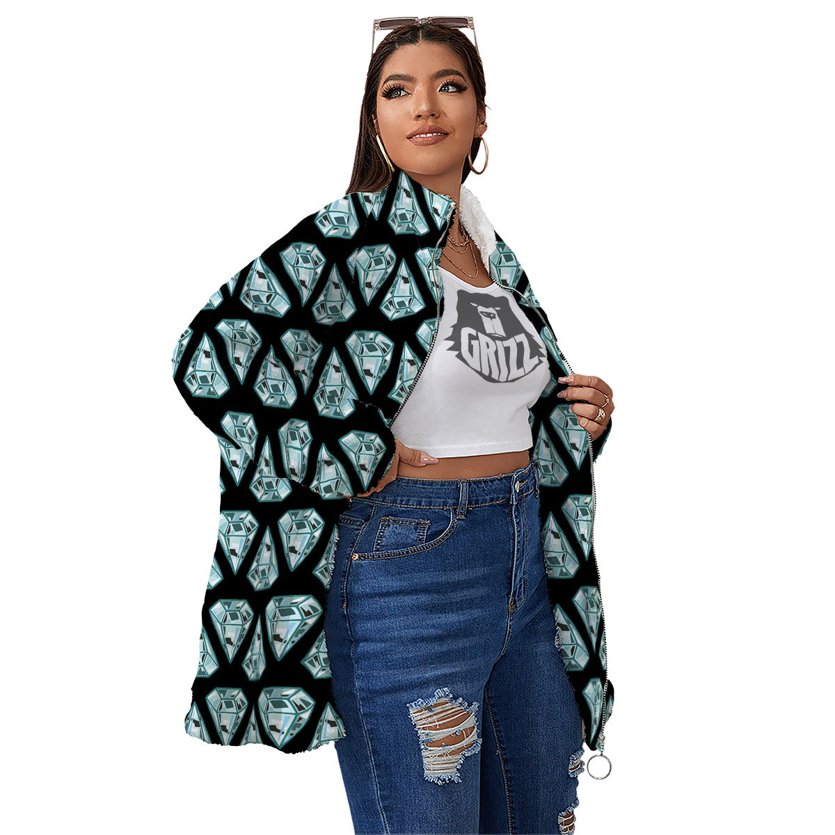Diamond Print Pattern Women's Sherpa Jacket-grizzshop