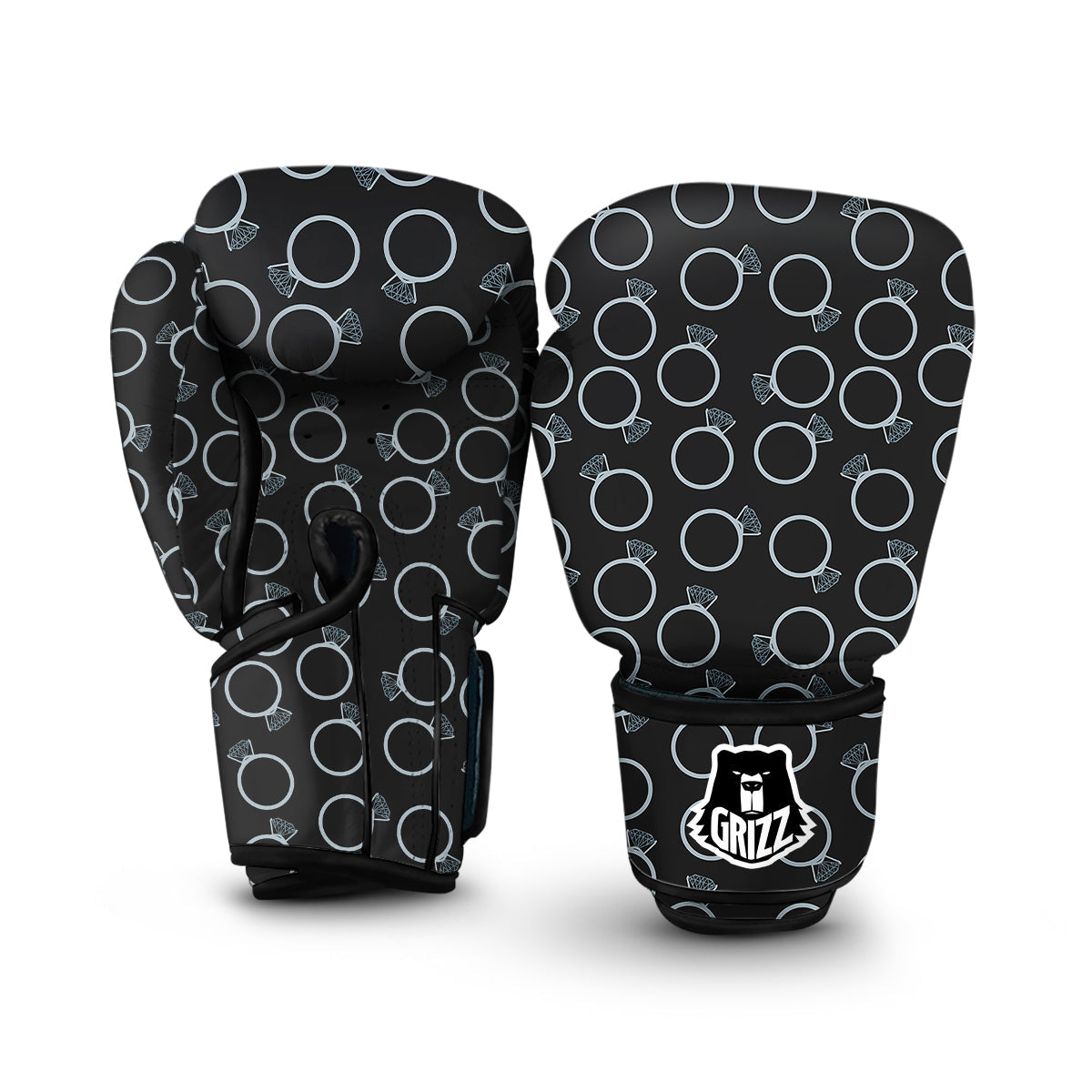 Diamond Ring Black Print Pattern Boxing Gloves-grizzshop