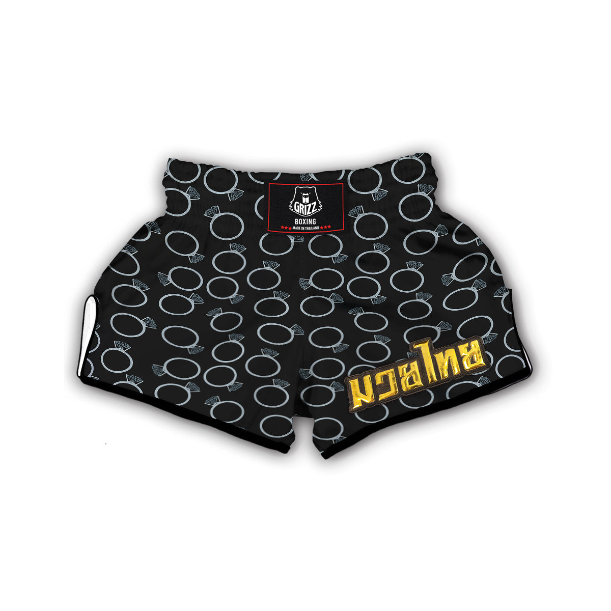 Diamond Ring Black Print Pattern Muay Thai Boxing Shorts-grizzshop