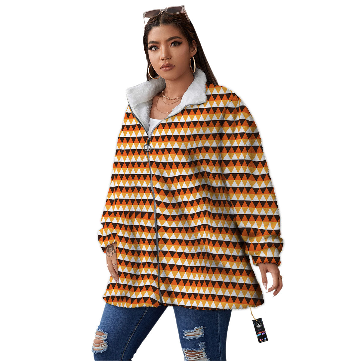 Diamond Shape Halloween Print Pattern Women's Sherpa Jacket-grizzshop