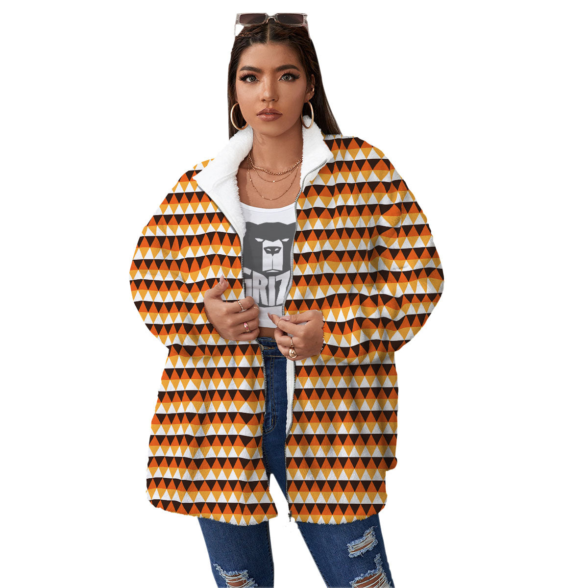 Diamond Shape Halloween Print Pattern Women's Sherpa Jacket-grizzshop
