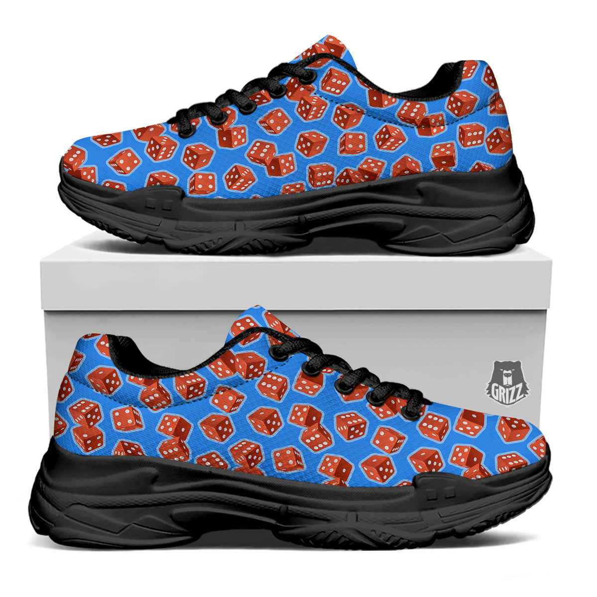 Dice Blue And Red Print Pattern Black Chunky Shoes-grizzshop