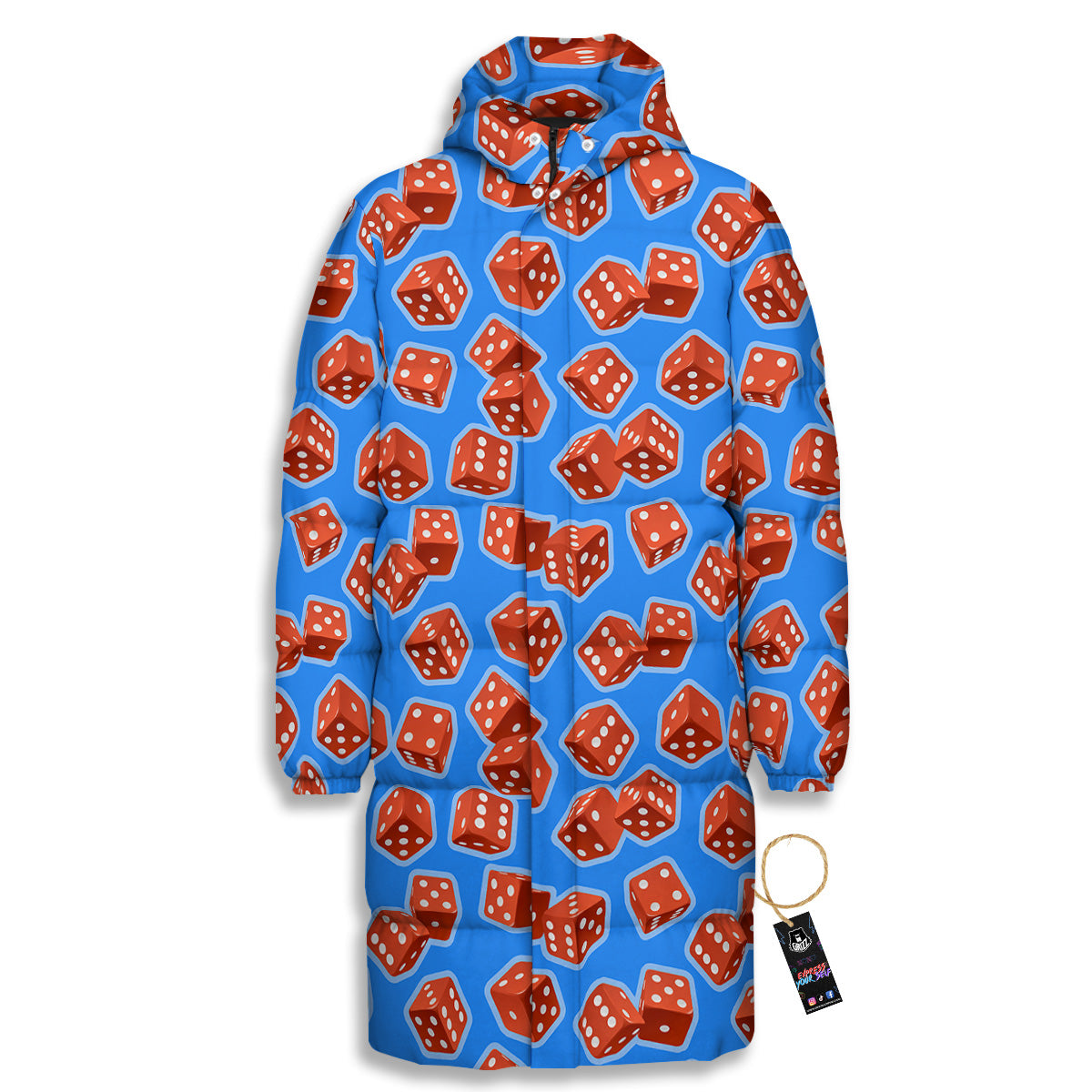 Dice Blue And Red Print Pattern Long Down Jacket-grizzshop