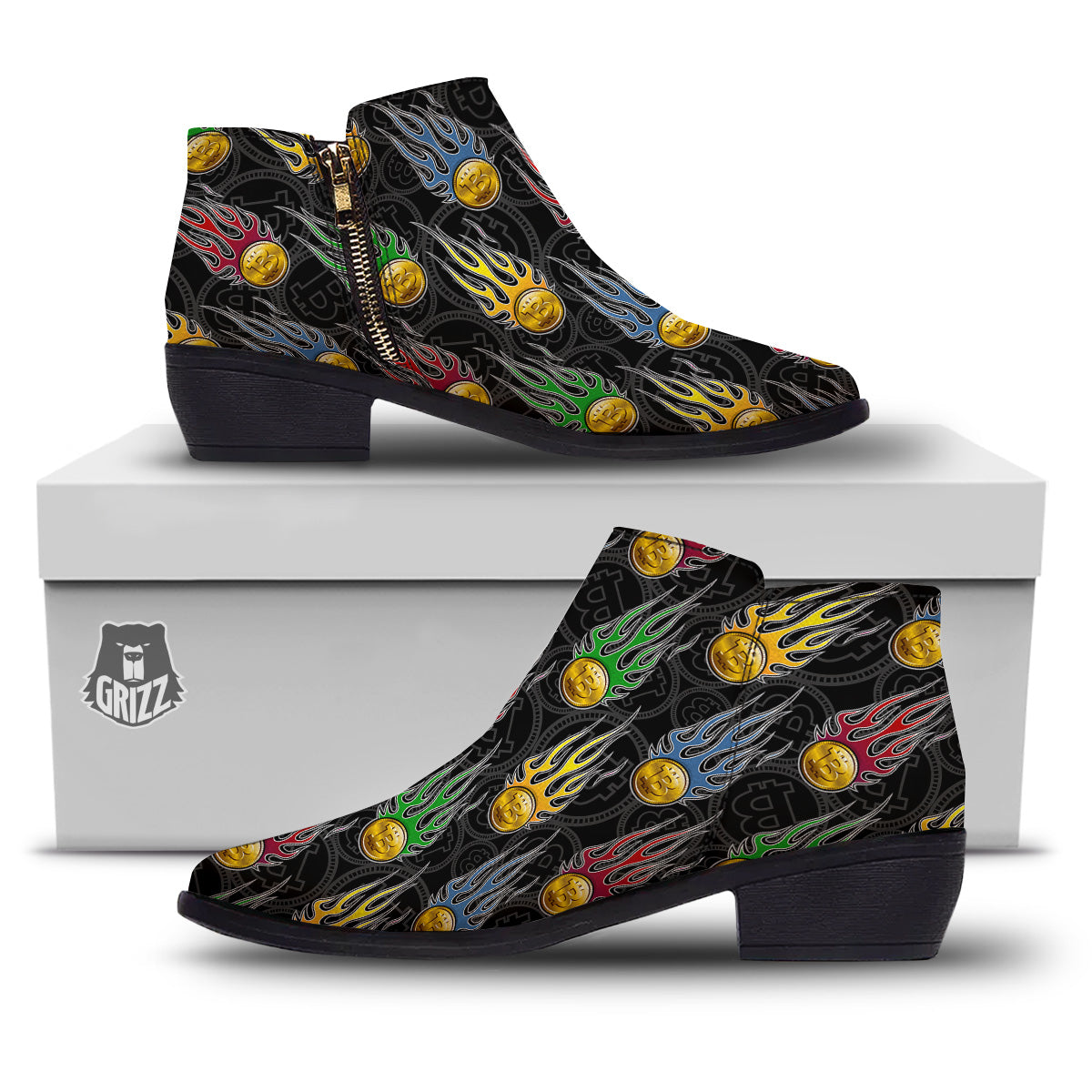 Digital Bitcoin On Fire Print Pattern Ankle Boots-grizzshop