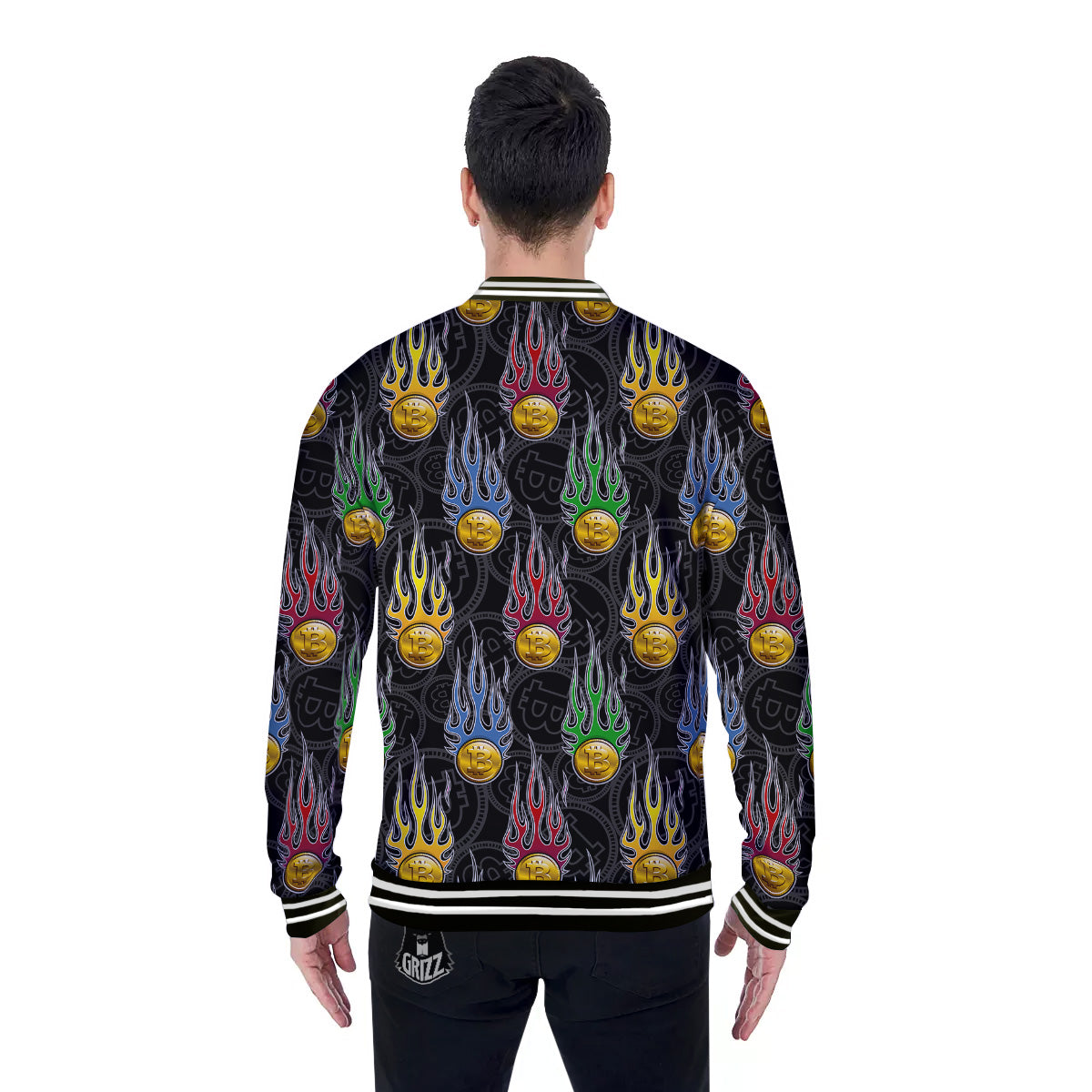 Digital Bitcoin On Fire Print Pattern Baseball Jacket-grizzshop