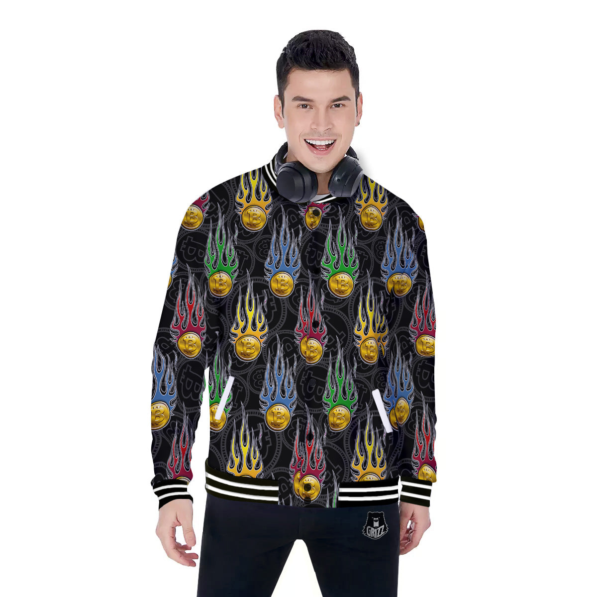 Digital Bitcoin On Fire Print Pattern Baseball Jacket-grizzshop