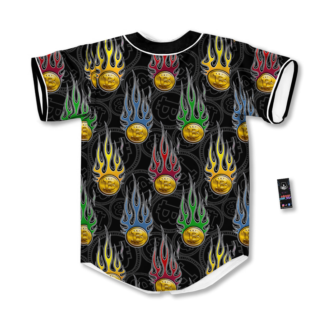 Digital Bitcoin On Fire Print Pattern Baseball Jersey-grizzshop