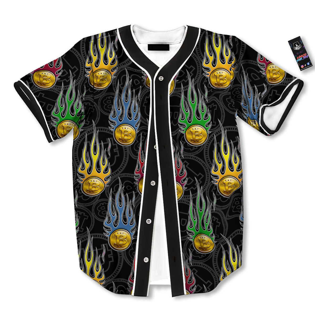 Digital Bitcoin On Fire Print Pattern Baseball Jersey-grizzshop