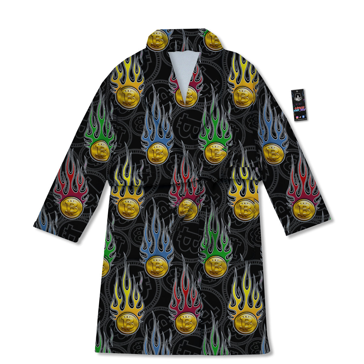 Digital Bitcoin On Fire Print Pattern Bathrobe-grizzshop