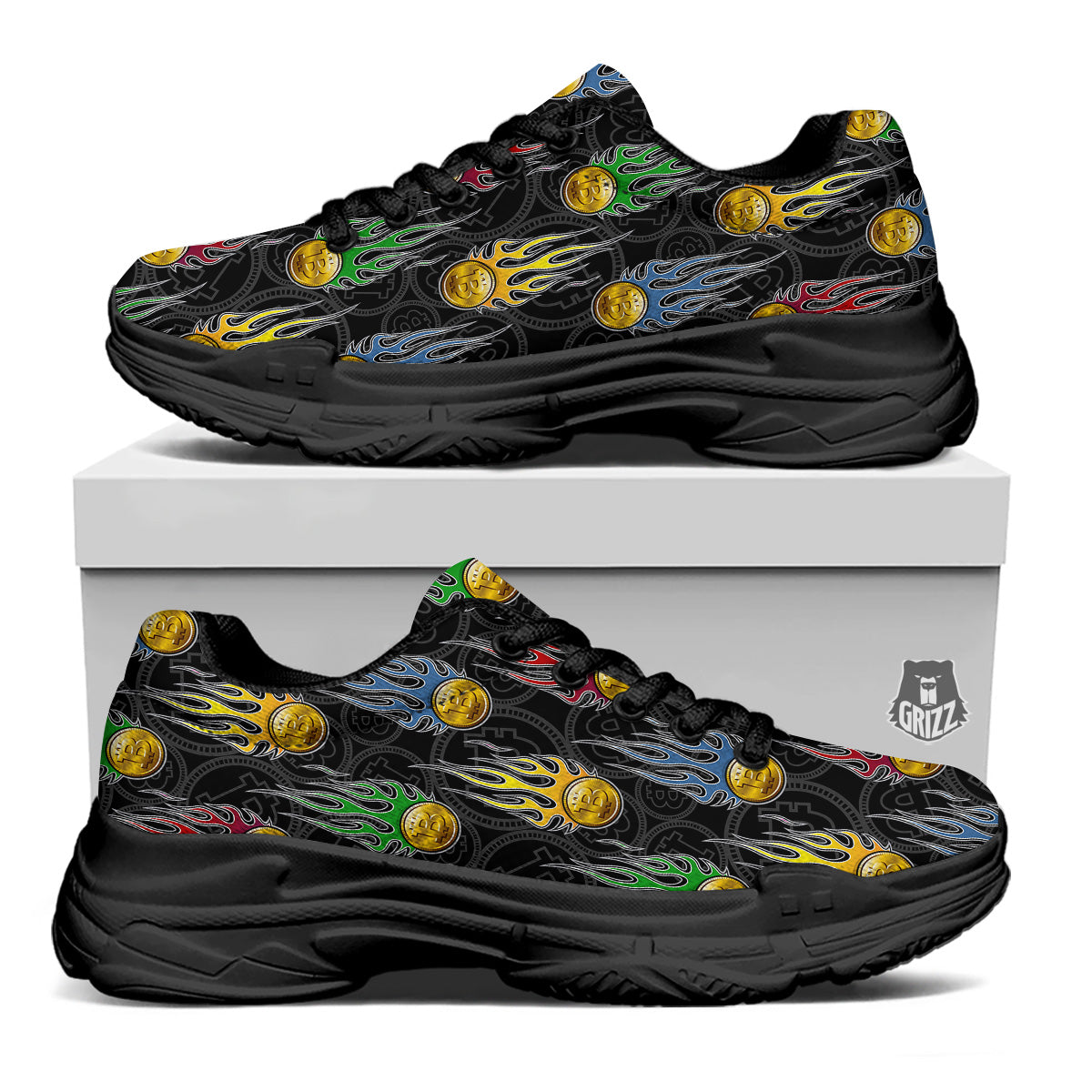 Digital Bitcoin On Fire Print Pattern Black Chunky Shoes-grizzshop