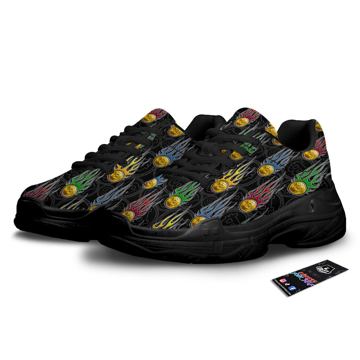 Digital Bitcoin On Fire Print Pattern Black Chunky Shoes-grizzshop