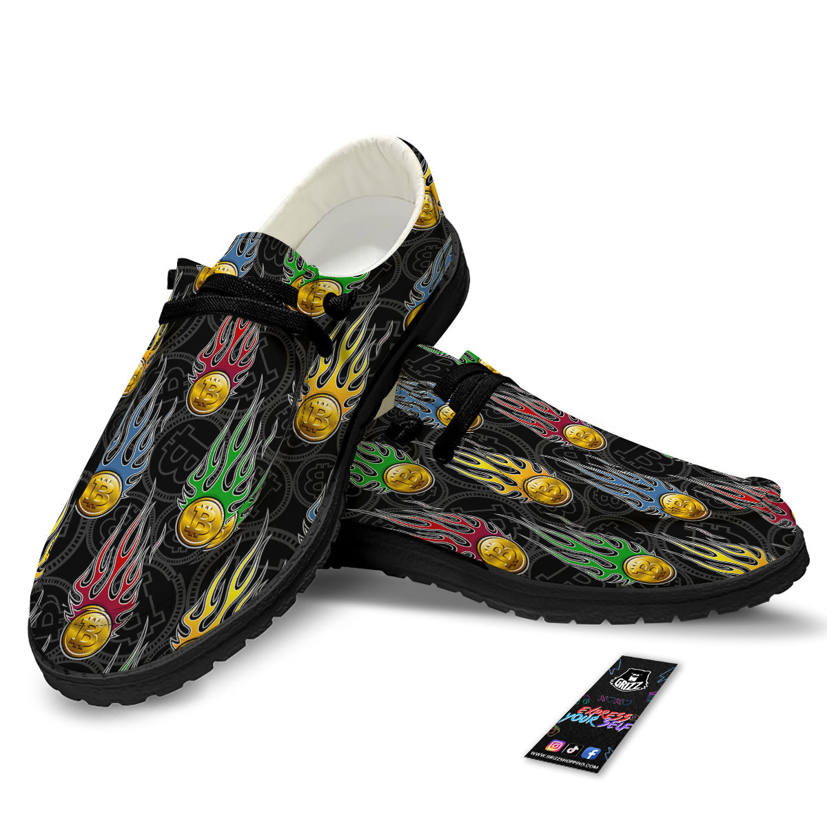Digital Bitcoin On Fire Print Pattern Black Loafers-grizzshop