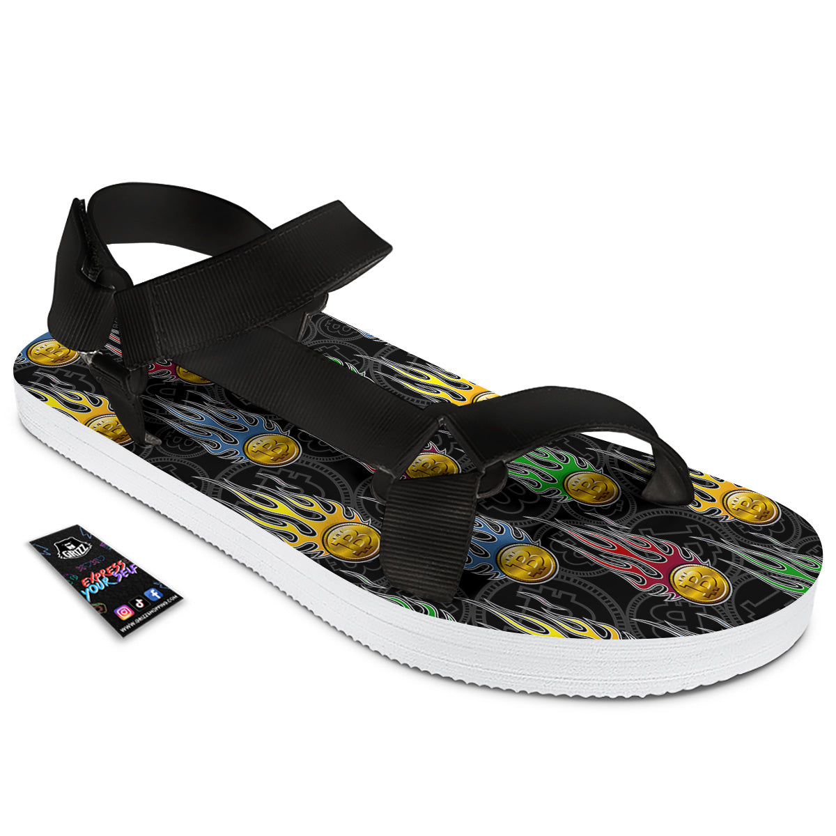 Digital Bitcoin On Fire Print Pattern Black Open Toe Sandals-grizzshop